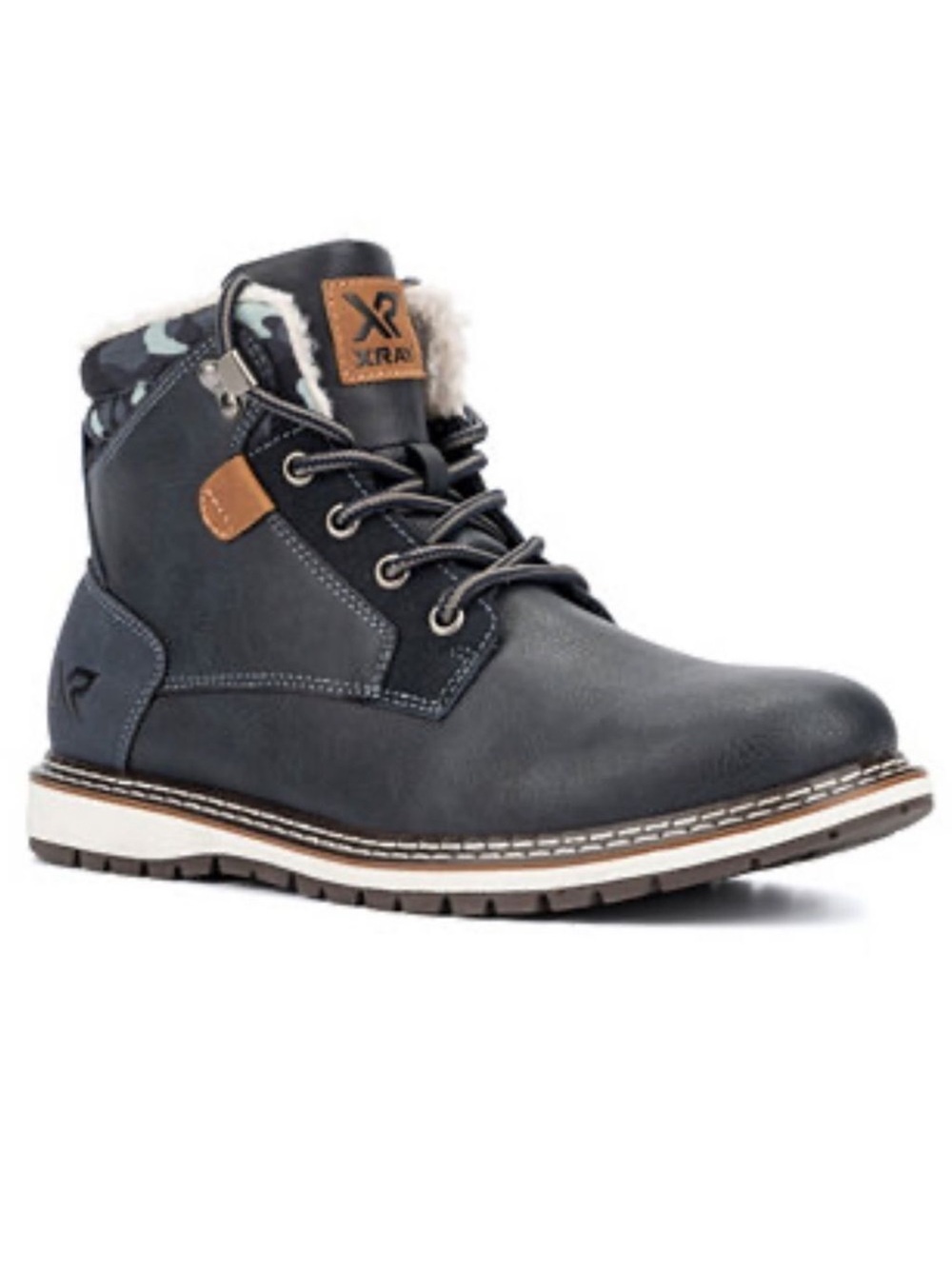XRAY 11 Men’s Dresden Navy Camo Sherpa Trim Faux Leather Lace up Boots